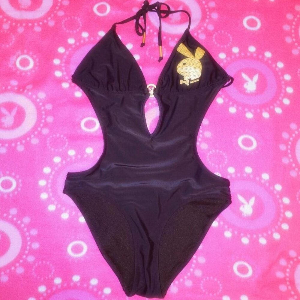 Playboy Playmate Bunny One Piece Cut Out Bikini - Gold Sequin